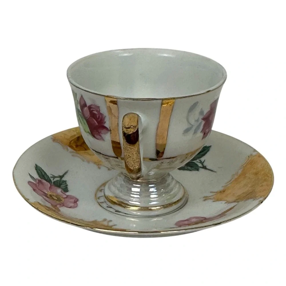 Demitasse Tea Cup Saucer Set Porcelain Lusterware Flower Japan Gold Iridescent